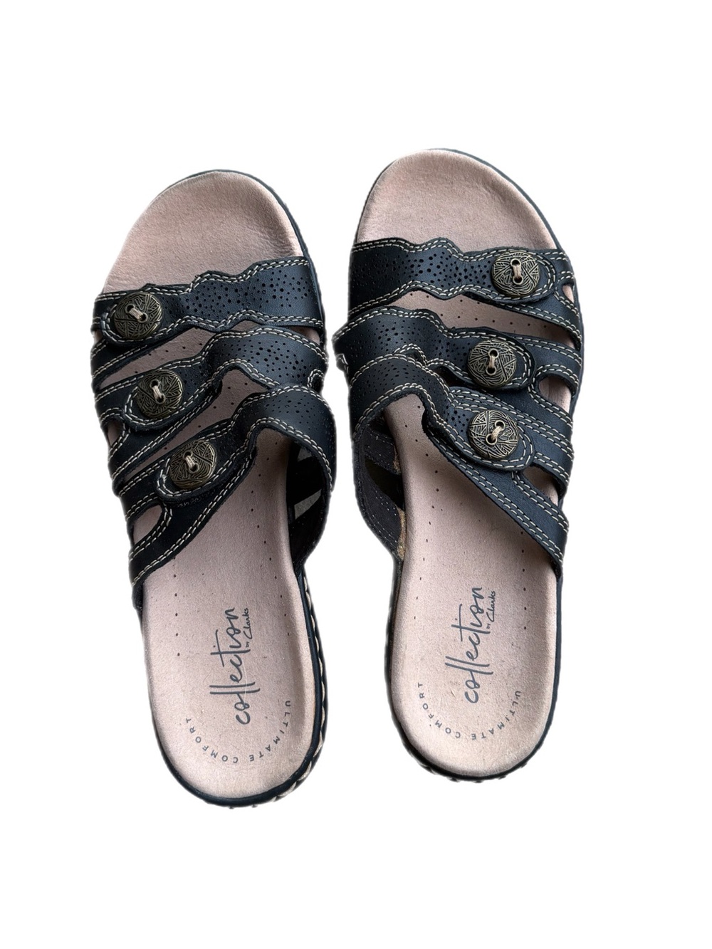 Clarks Brown Strappy Slide Sandals with Decorative Buttons